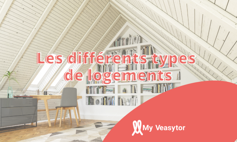 Un intérieur sous combles lumineux avec un bureau en bois, une chaise design et une bibliothèque intégrée remplie de livres. Une bannière rouge en bas affiche le logo de My Veasytor et le titre "Les différents types de logements" en texte rouge.